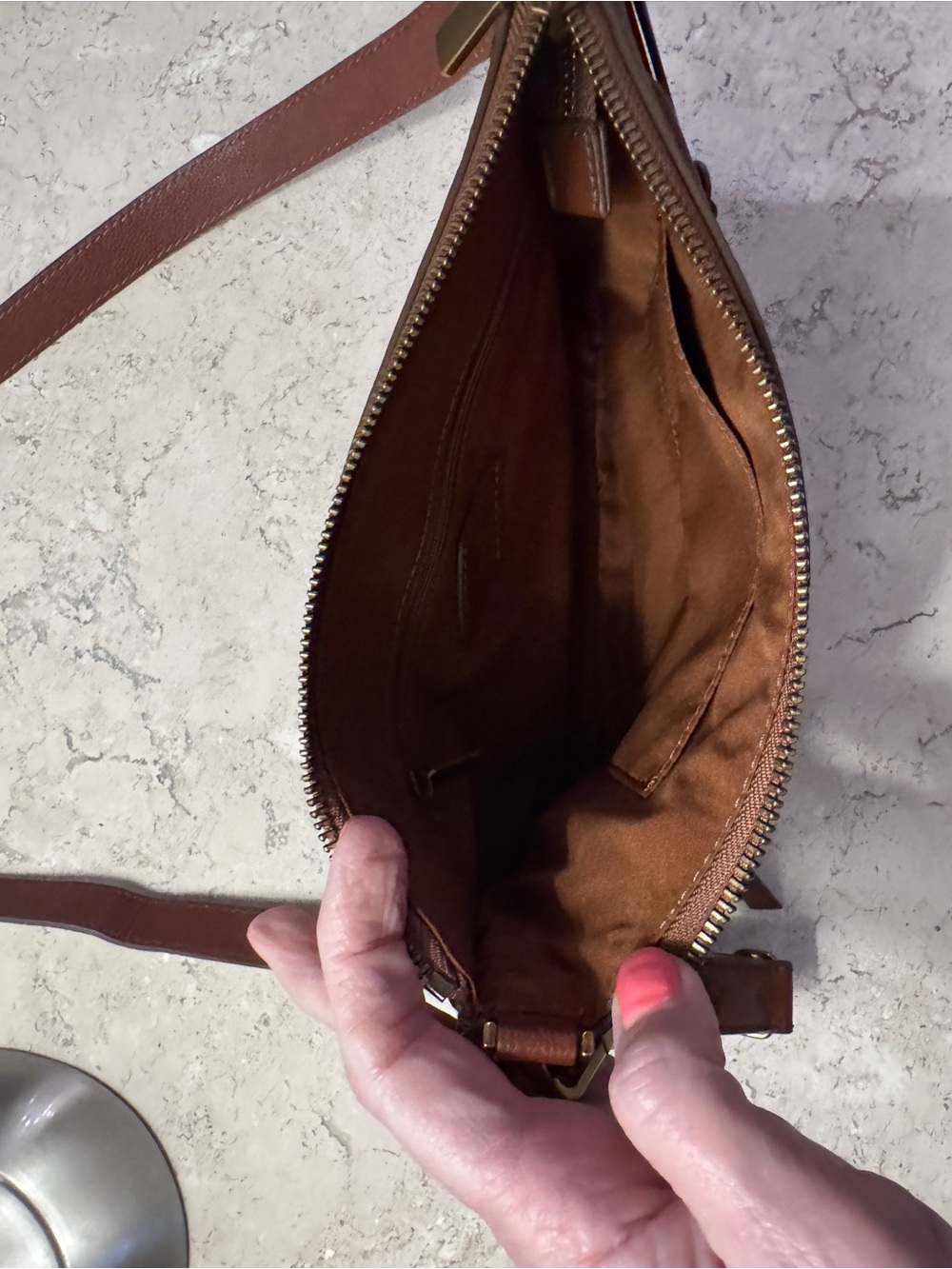 Fossil Leather Crossbody Bag, Cognac Brown, Pebbled Leather, with Brass Hardware - Picture 6 of 13